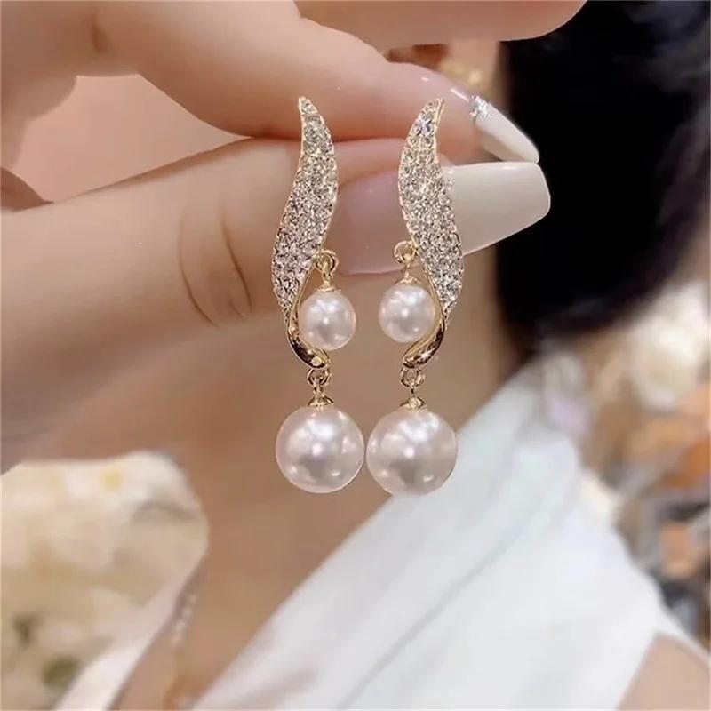 

2024 New Classic Elegant Imitation Double Pearl Dangle Earrings For Women Crystal Long Tassel Drop Earring Wedding Zircon Gifts