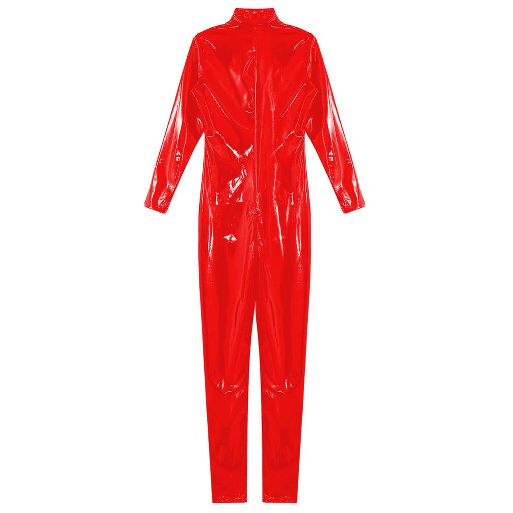 Pánský kombinéza s mokrým vzhledem z lakované kůže Design se zipem v rozkroku Stojáček Dlouhý rukáv Catsuit Oblečení do klubu Body