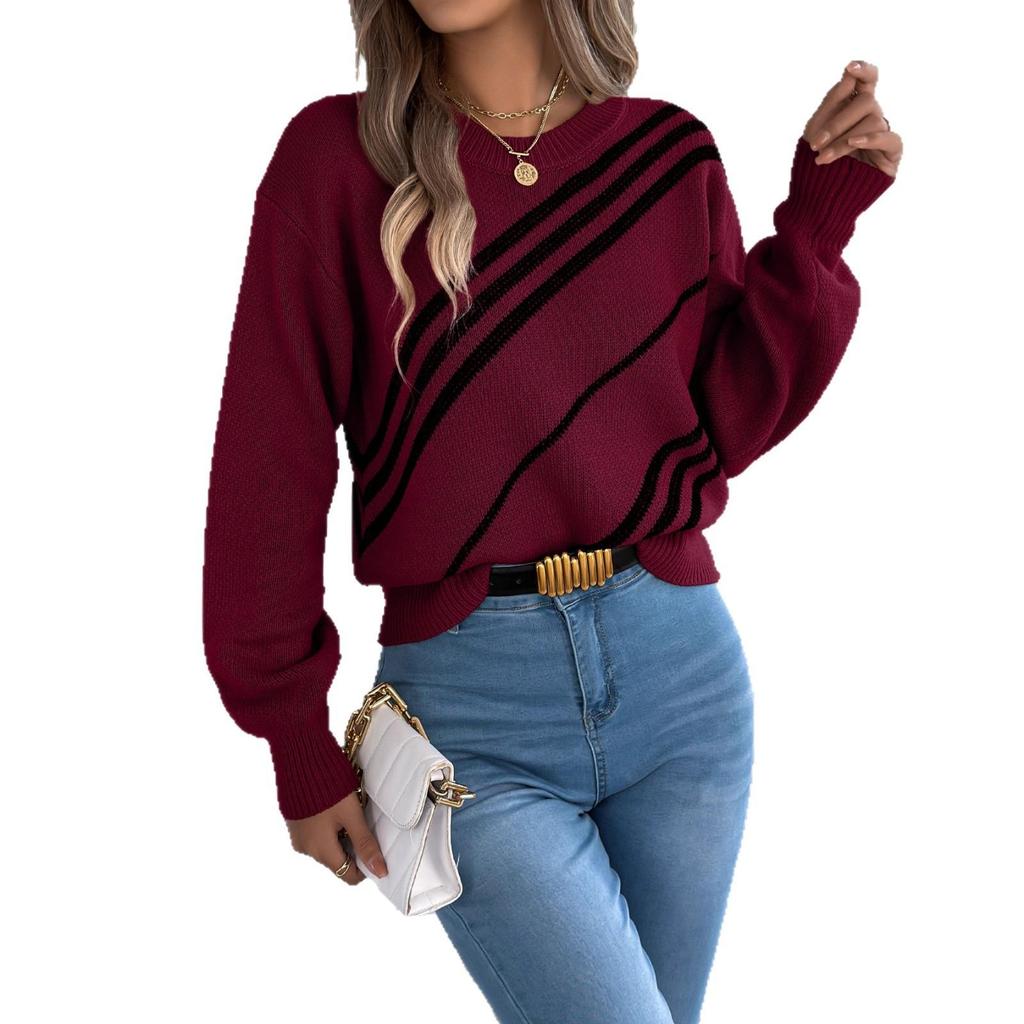 Autumn and Winter Casual Striped Round Neck Lantern Long Sleeved Pullover Sweater
