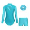 Girls Mesh Long Sleeve Cutout Back Sparkly Rhinestone Leotard V Front Waistband Shorts Hairband Gymnastics Set