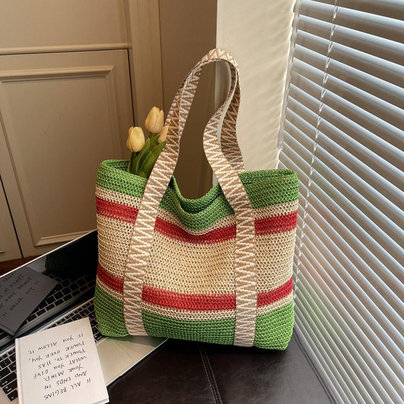 Contrast Straw Bag Large Capacity Holiday Beach Bag Women's Shoulder Tote Bag
