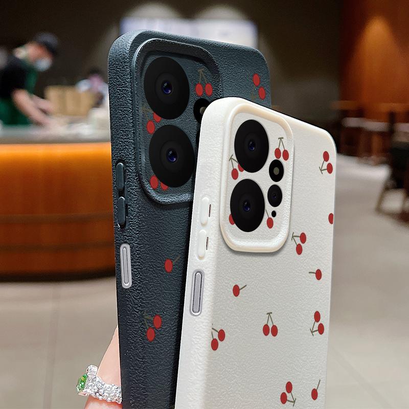 Little Cherry Print TPU Matte Leather Texture Slim Case For Xiaomi 13T Pro Poco X6 Redmi Note 14 Pro 13 12 11 Soft Shockproof Protection Phone Cover