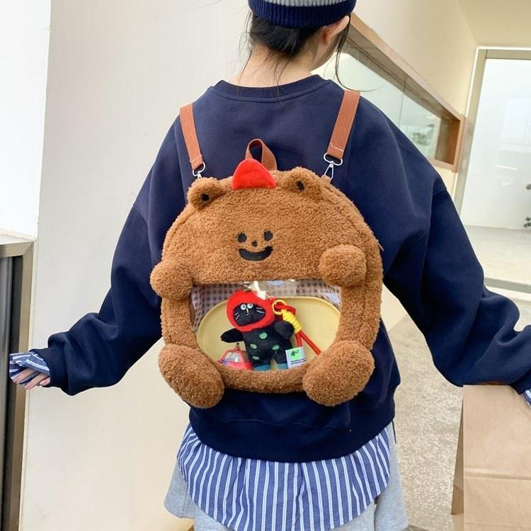 Furry And Cute Bear Plush Backpack With Transparent Layer For Carrying Badges