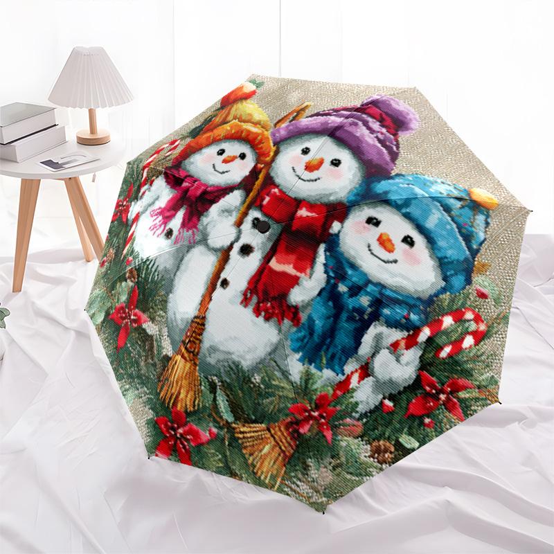 1 PC Automatic Folding Umbrella - Colorful Snowmen Pattern, Portable & Foldable Design with 8 Ribs, Christmas Birthday Gifts