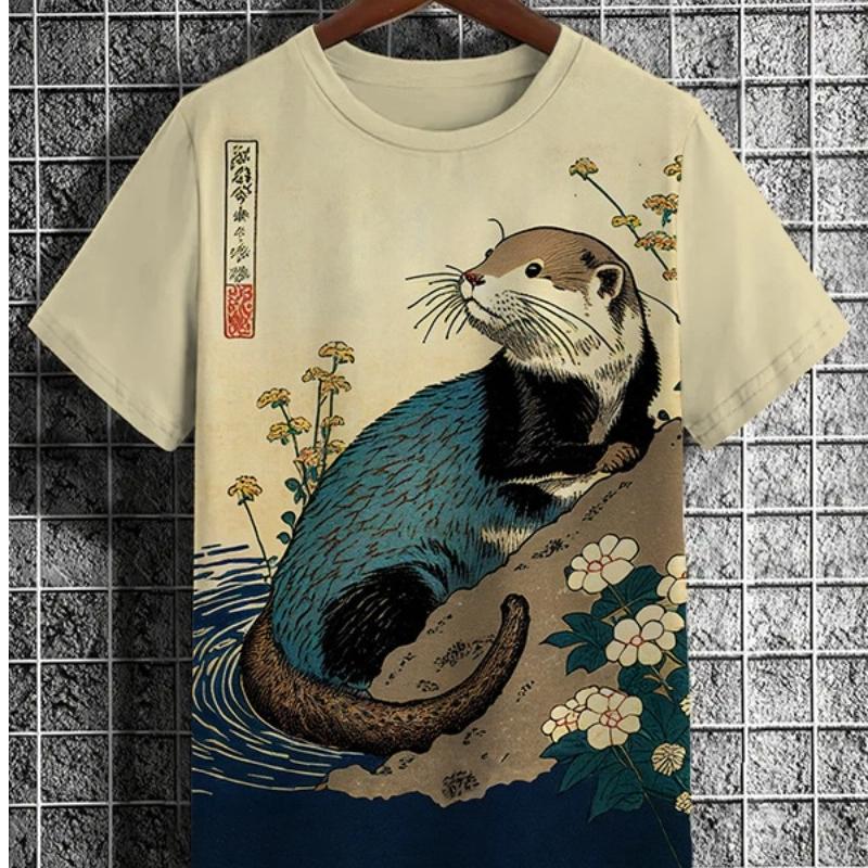 Maglietta da uomo in stile giapponese con grafica Samurai Cat, stampata in 3D, casual, a maniche corte, per esterni, abbigliamento da uomo oversize