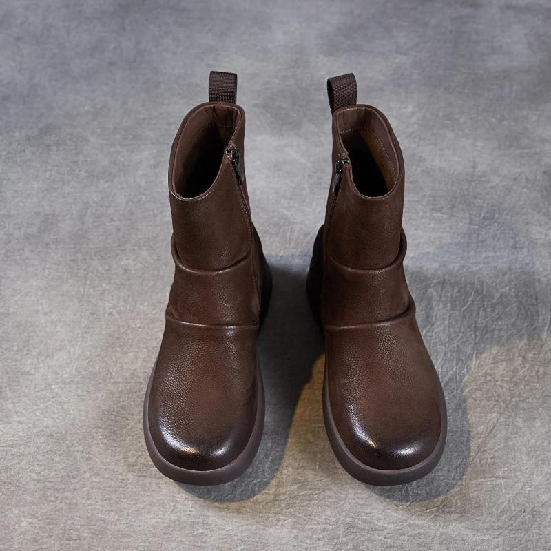 Johnature Genuine Leather Thick Soled Pleated Short Boots Side Zipper Soft Soled Cowhide Women's Boots