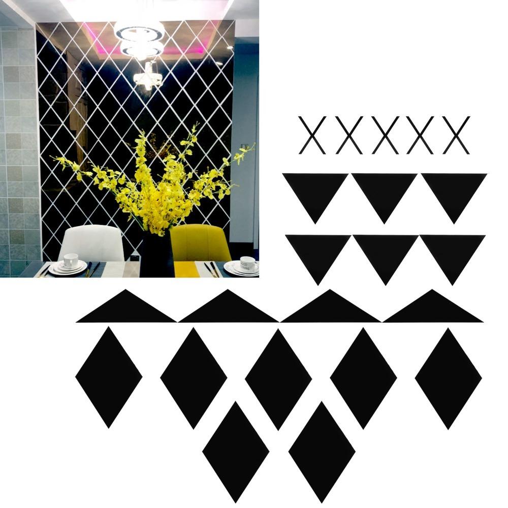 Diamond Shape Acrylic Wall Decal Black Self Adhesive Mirror Tile Reusable Wall Decor  Dormitory S