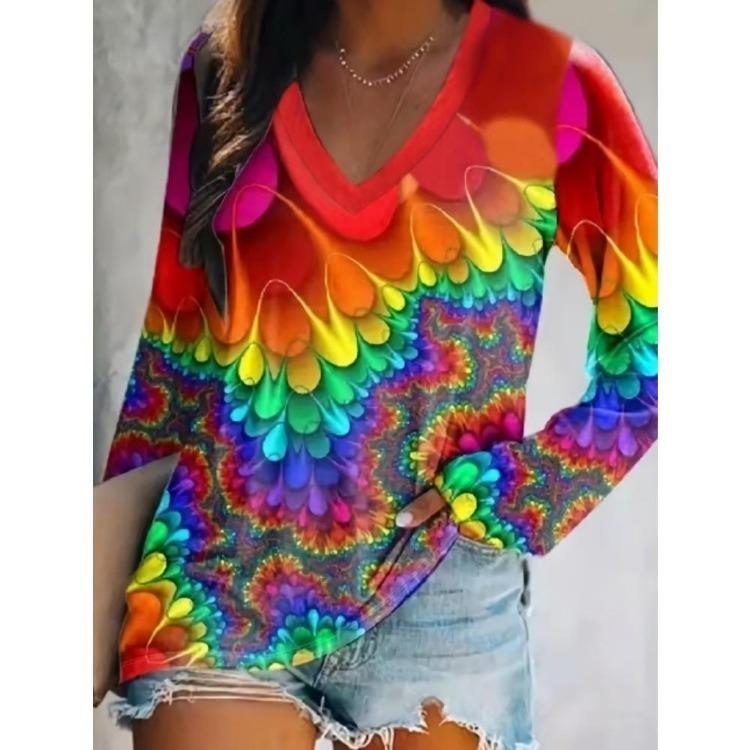3D Floral Printed Long Sleeve T Shirt Women Fashion Round Neck Top Holiday Weekend