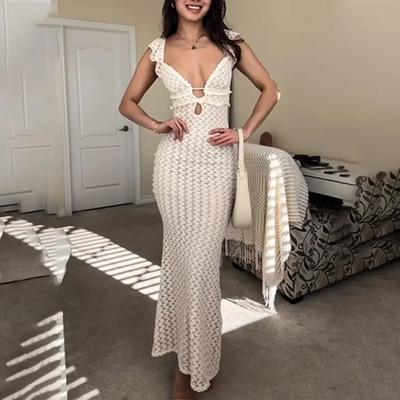 Women Beach Dress Backless Hollow Out Solid Color Low-cut Knitted Lace-up Skinny Stretchy Vacation Maxi Sleeveless Evening Dress