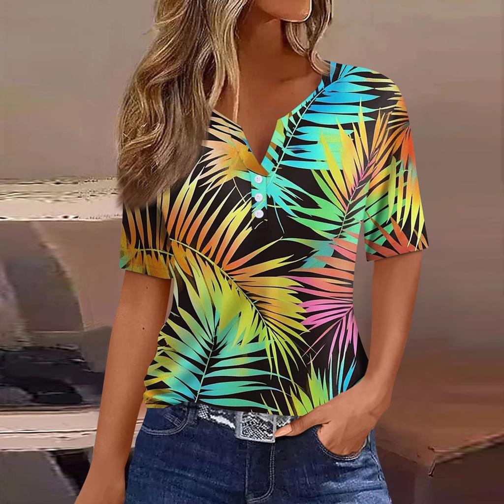 Women's T Shirt Print Button Short Sleeve Daily Weekend Fashion Basic V- Neck Regular Top