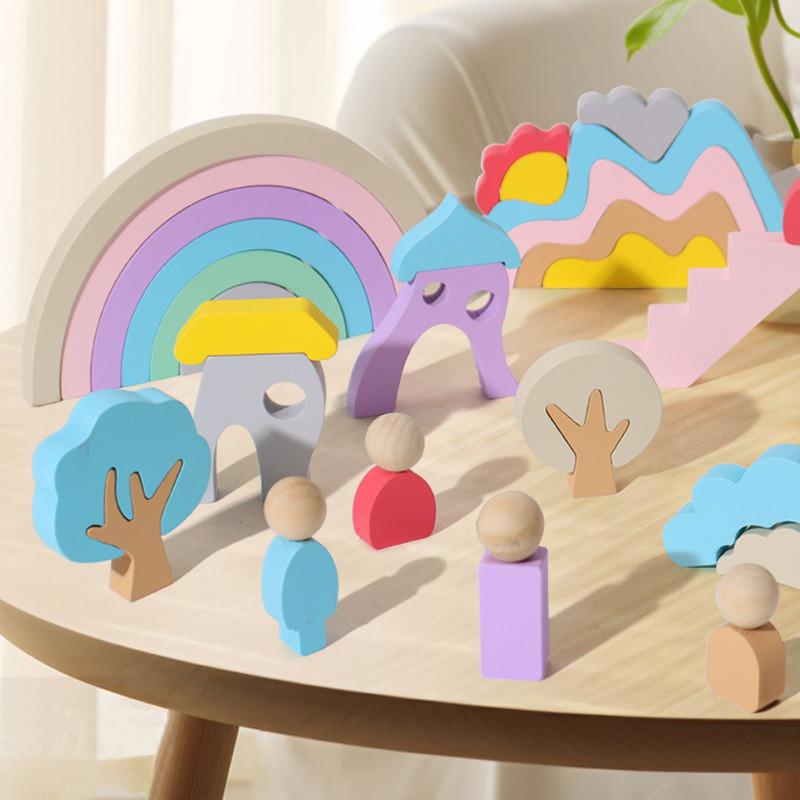 Early Wooden Learning Blocks With Rainbow Colors Kids Cognitive Skills Creative