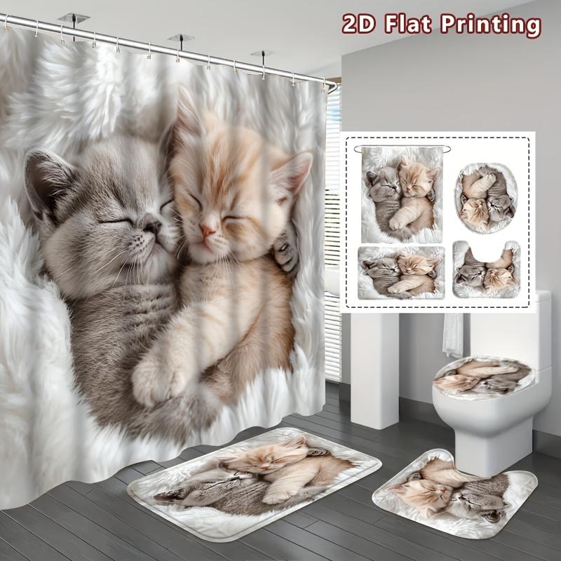 4Pcs Cuddly Kittens Shower Curtain Set with Non-Slip Bath Mat, Toilet Lid Cover, Contour Rug & 12 Hooks, Bathroom Decor
