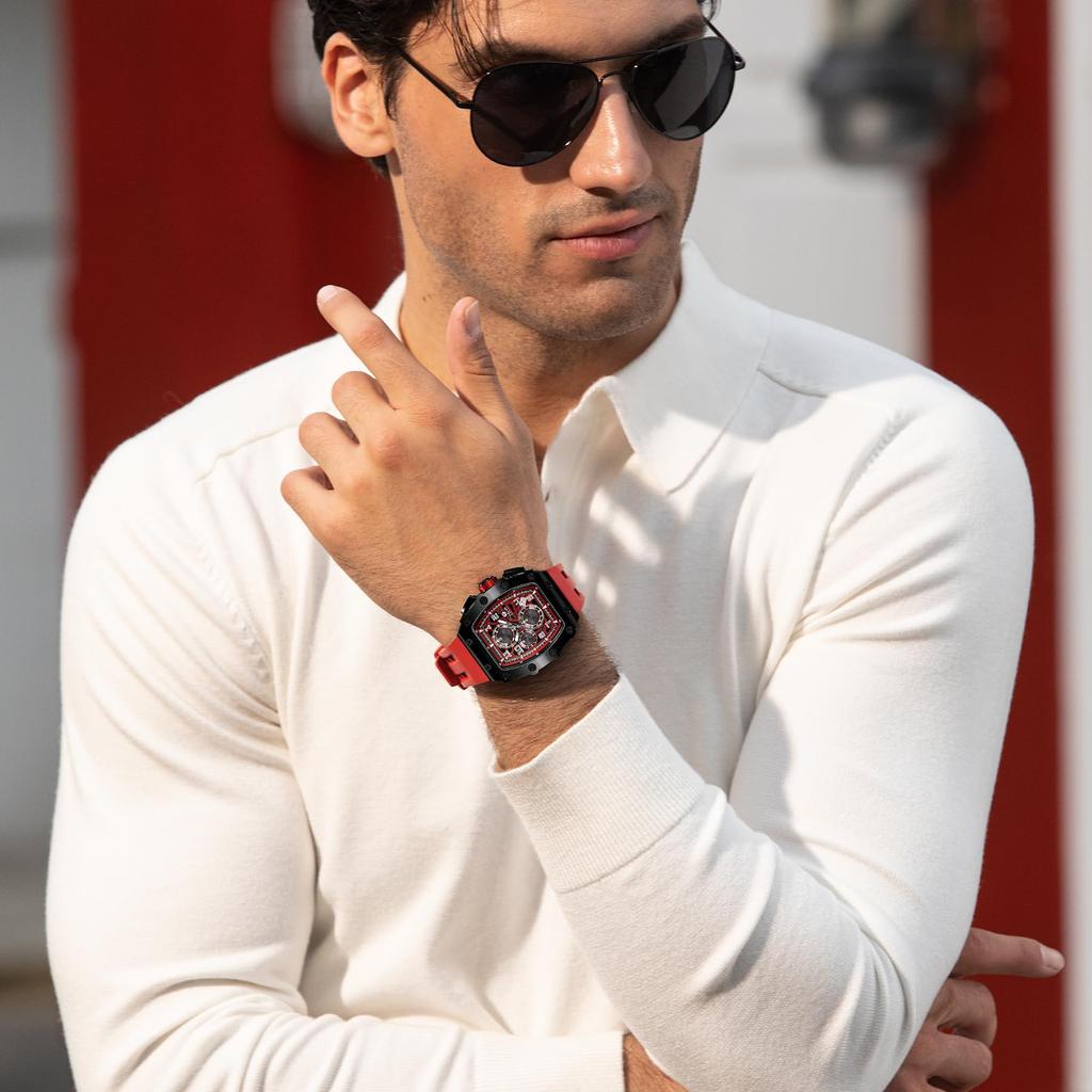 TSAR BOMBA 5 ATM Water Tonneau Stainless Barrel Men's Wristwatch, Resistant, Shape, Steel, Business, Sports, Luxury, Fashion, Casual, Shape, Black/Red