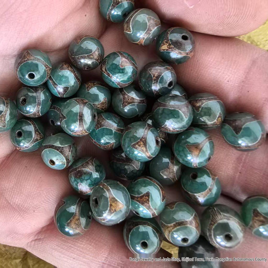 Natural 10mm Green Tiger Tooth Tibetan Dzi Agate Beads - Loose Accessories -