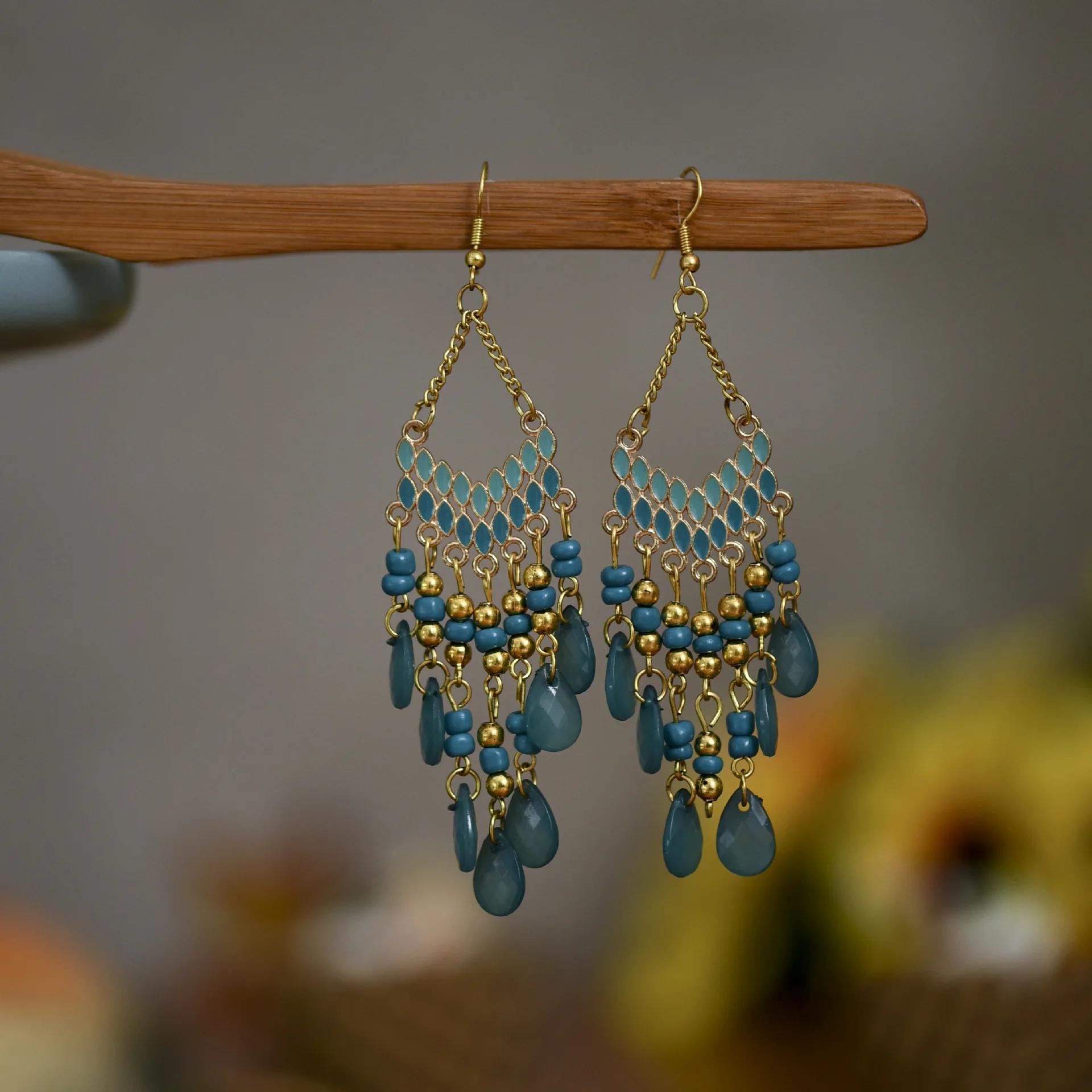Böhmische Wassertropfen Quastenohrringe für Frauen Bunte Perlen Hängeohrringe Ethnischer Stil Ohrring Damen Modeschmuck
