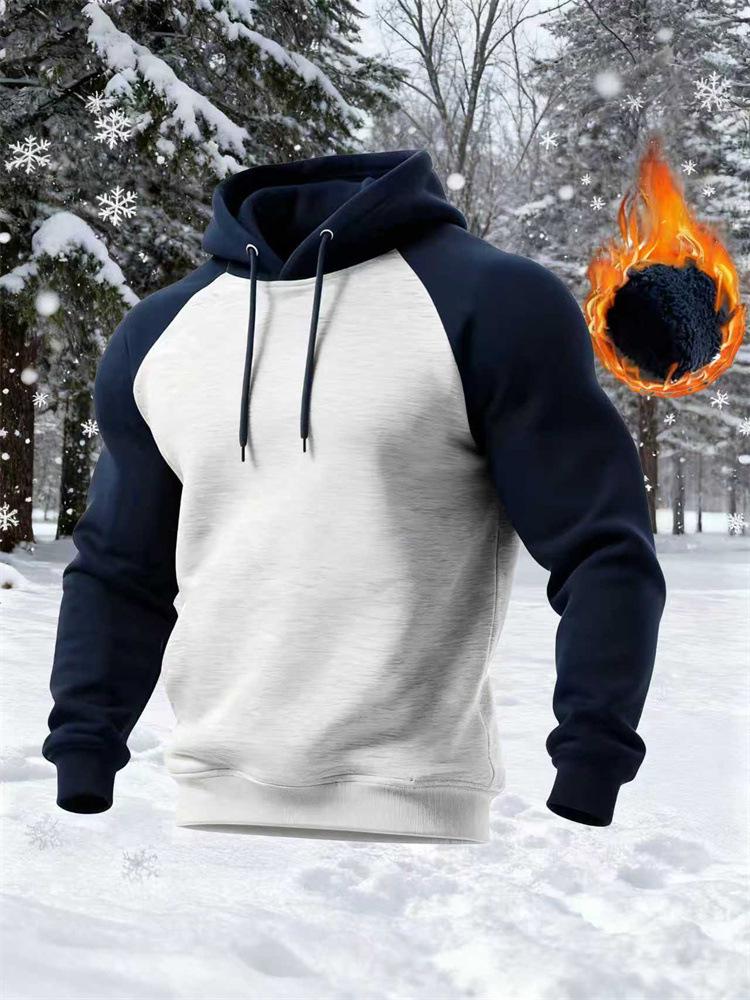 Felpa con cappuccio in pile a blocchi di colore raglan rétro da uomo - Stile americano, Casual Autunno/Inverno