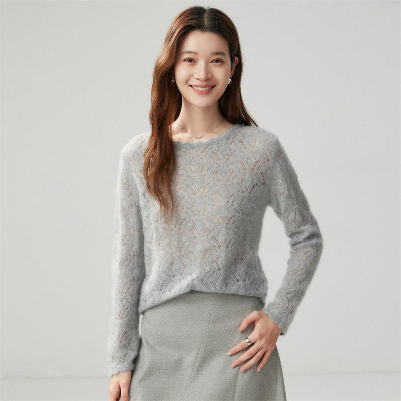 Women's Loose Knit Cashmere Sweater with Hollow Bead Lace and Floral Round Neck