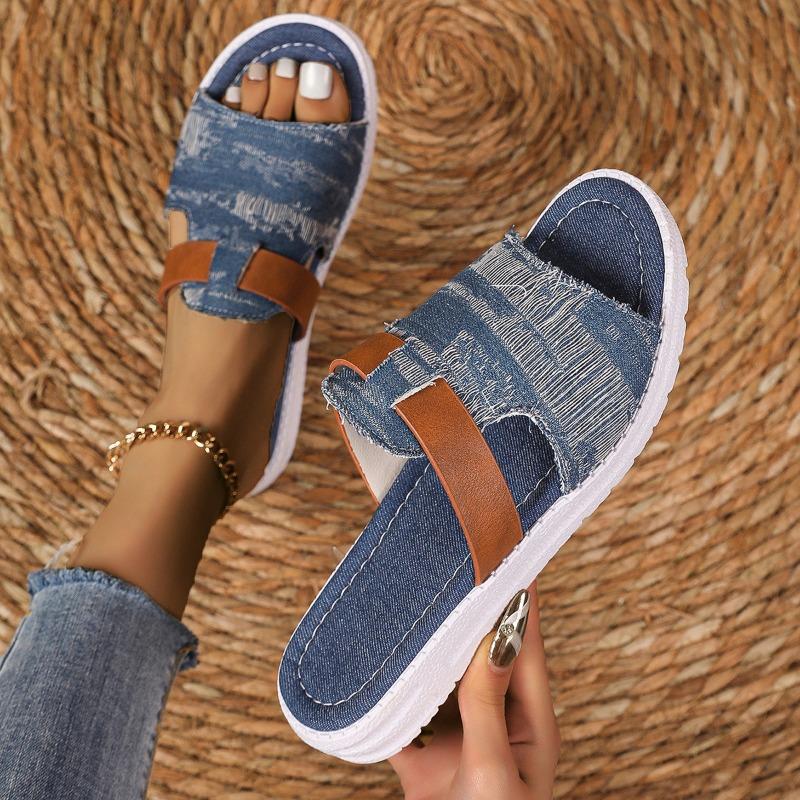 2025New Ladies Slippers Canvas  Lace-up  Open-toed New Flat-Bottom  Casual Women Fashion Denim Beach Shoes Sandalias Mujer