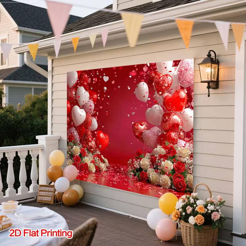 2D Rotes Liebesthema mit Herzballons und Rosen Thematischer Hintergrund