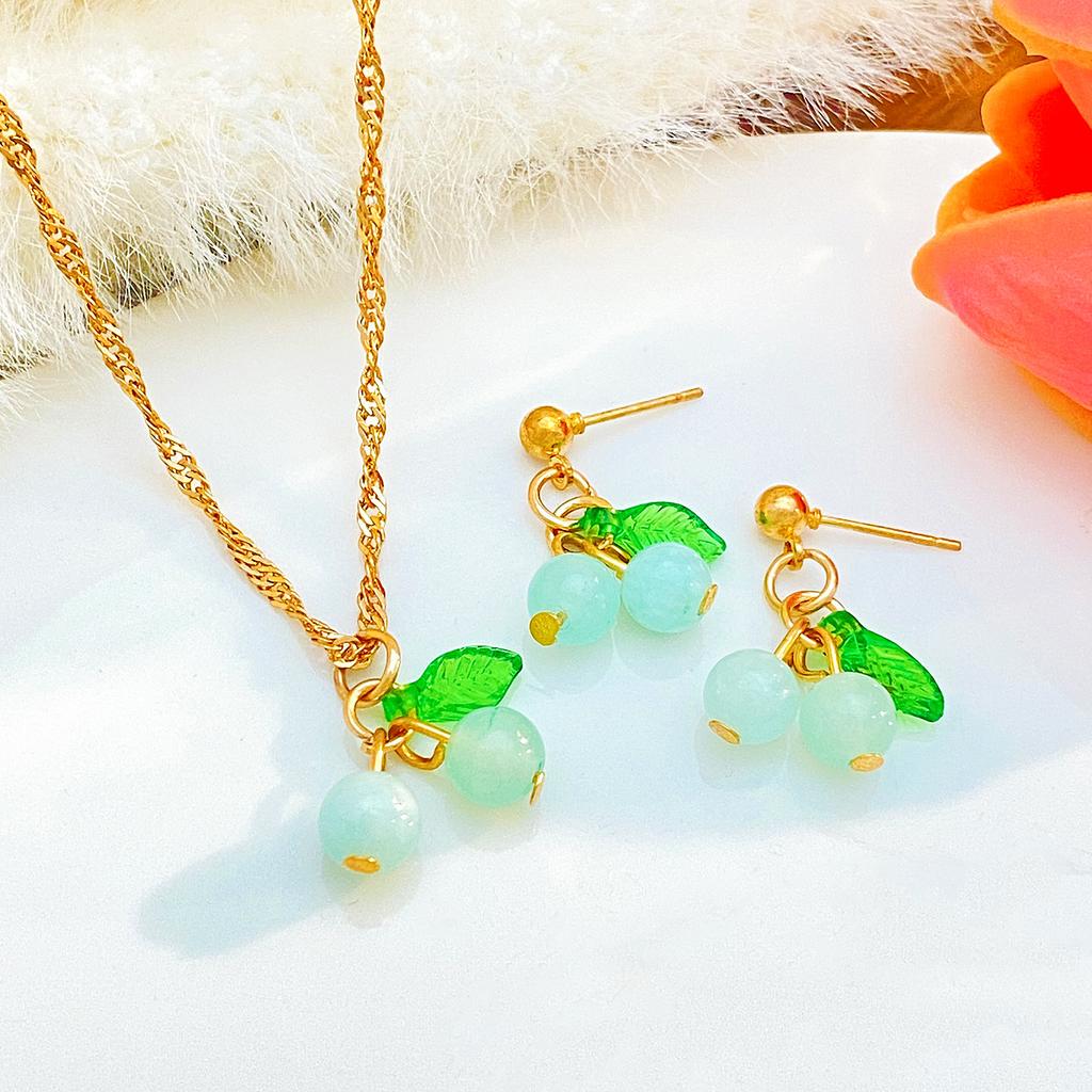 Red Sweet Cherry Clavicle Chain Necklace and Earrings Women's Summer Fashion Green Leaf Pink Cherry Fruit Pendant Zircon Set