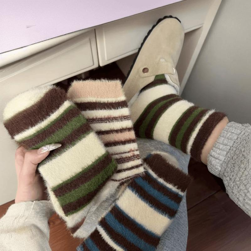 Autumn and Winter Warm Plush Socks, Mink Fleece Retro Color-blocked Striped Thickened Fleece Postpartum Socks for Girls