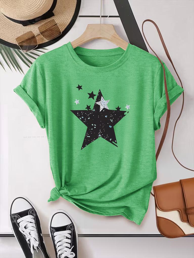 Summer Short-sleeved Star-shaped Printed Fashionable Street All-match Casual Sports Top Round Neck