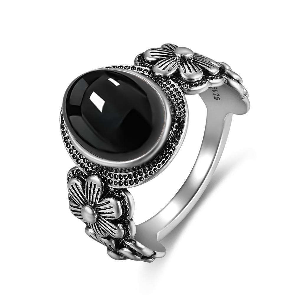Vintage  Sterling Silver Natural Black Onyx 8*10mm Ring Flower Shaped Ring Fine Jewelry Finger Ring For Women