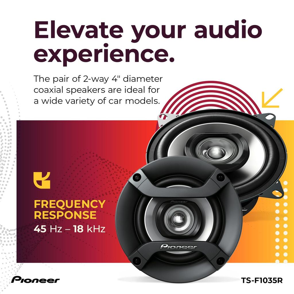 Pioneer TS-F1035R 2-Way Coaxial Car Audio Speakers - Full Range 4" Round Speakers, 150W Max Power (Pair)