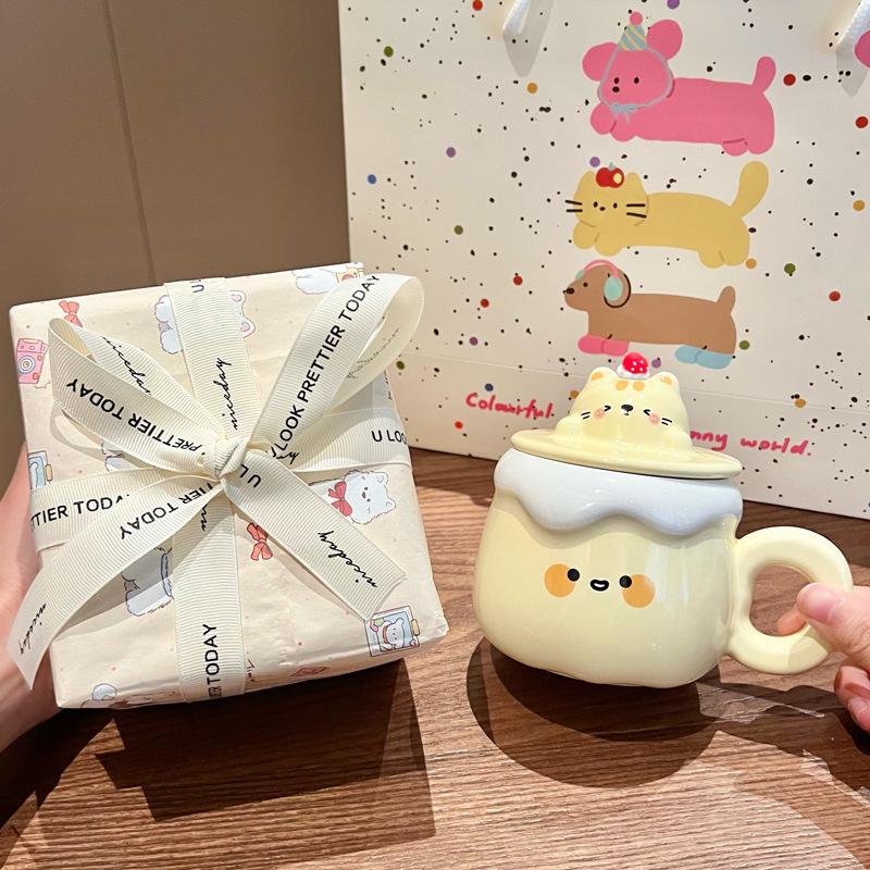 Gift Super Cute Pudding Mug Household Ceramic Water Cup with Lid Spoon Coffee Cup Souvenir