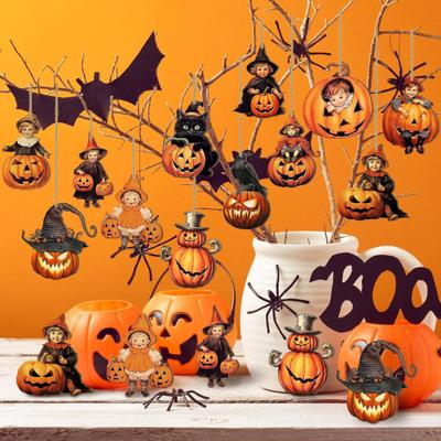 Ornement en Bois d'Halloween pour Arbre Décoration Suspendue Vintage Citrouille Sorcière Chat Noir Découpes en Bois pour Décoration de Fête à la Maison d'Halloween