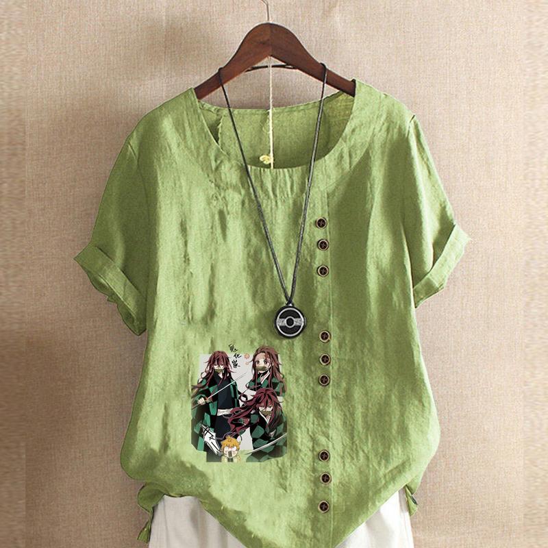 

Женская новая модная льняная рубашка с круглым вырезом и коротким рукавом, с принтом персонажей мультфильмов, летняя женская повседневная блузка больших размеров, топы 5XL