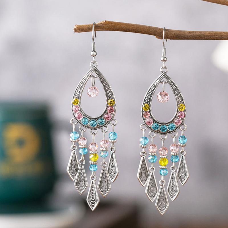 

Ethnic Colorful Rhinestone Crystal Tassel Earrings For Women Vintage Niche Water Drop Shaped Earrings Vacation Daily Jewelry