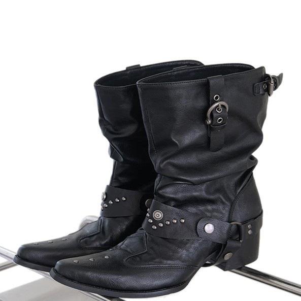Fashion Pile Versatile Fashion Boots European and American Style Folded Pointed Head Thick Heel Spring and Autumn Mid-tube Boots Women's Retro New