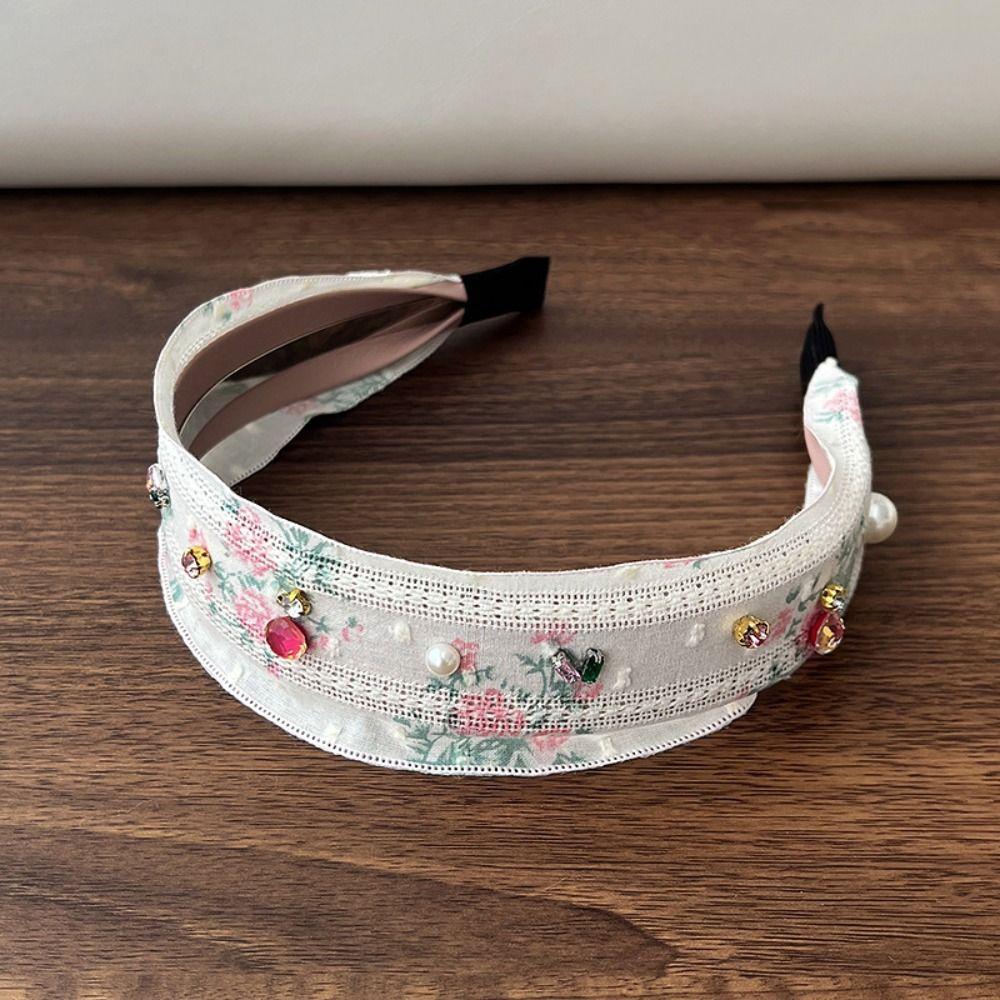 Floral Bow Hair Rope Wide Edges Rhinestone Hair Band Creative Embroidery Lace Headband  Women