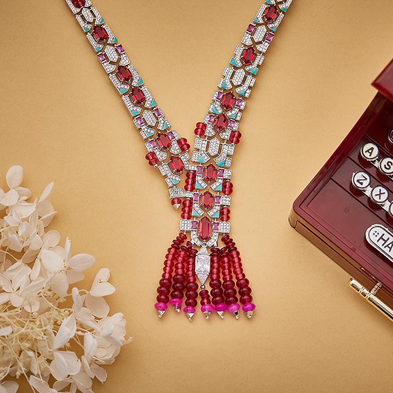 Buy Brass Red Bead Tassel Necklace Online Vintage Elegant Handmade Enamel Cubic Zirconia Dubai Women's Jewelry