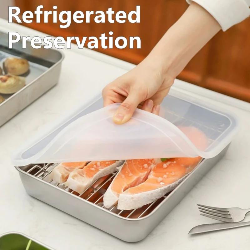 Food Storage Trays Rectangle Preservation Box with Plastic Cover Stainless Steel Multi-Function Rustproof Barbecue Food Storager