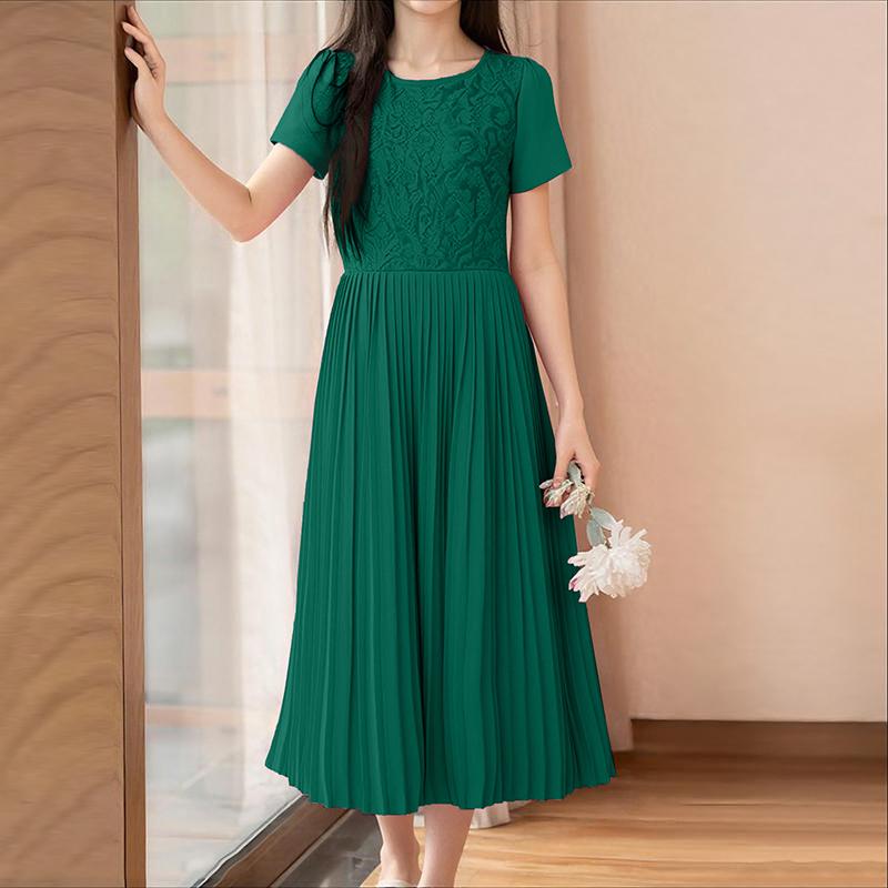 

ZANZEA Женское летнее платье с круглым вырезом, коротким рукавом, повседневное, с кружевной отделкой 2XL зелёный