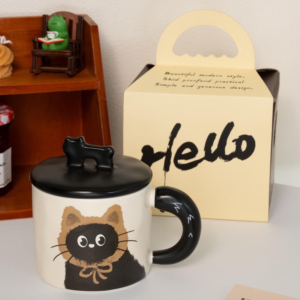 Cat Mug Retro Design Ceramic Water Cup With Lid Gift Box With Souvenir, High-End Cup Cartoon Girl