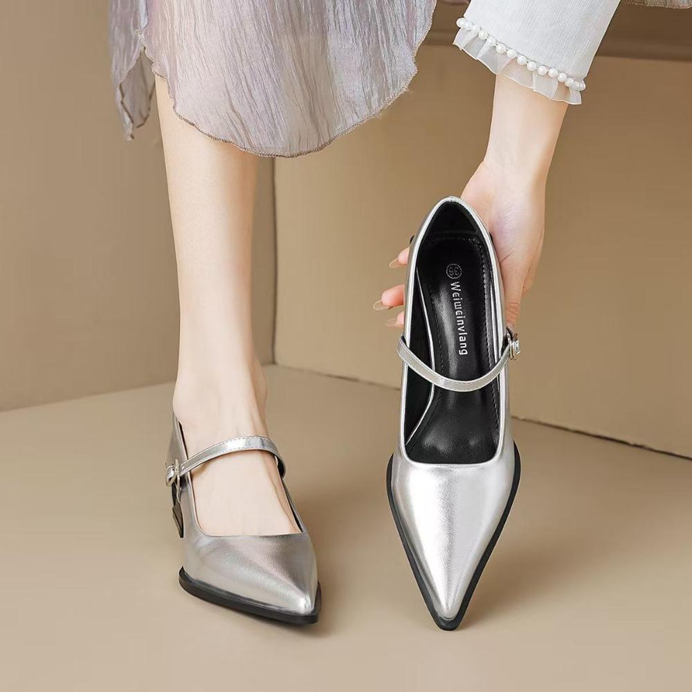 Fashion Pointed Retro Mary Jane Shoes Woman Soft Leather Word with Light Mouth Thick Heel Single Shoes Women's High Heel Women's Shoes