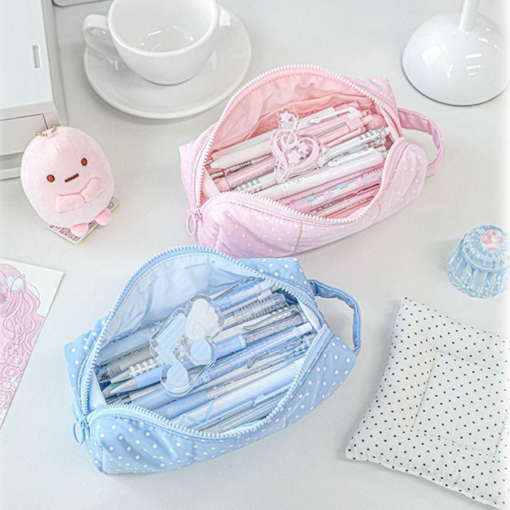 Polka Dot Pen Bag Hand-held Large Capacity Student Pencil Case Zipper Stationery Storage Organizer Students Supplies