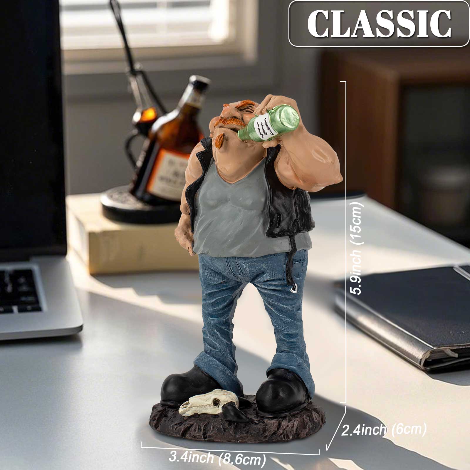 

Funny Biker Figurine with Beer Bottle, Resin Home Decor, Desk Shelf Fireplace Decoration, Classic Man Cave Statue Table Ornament