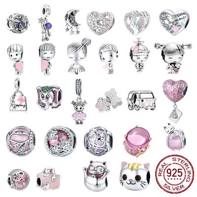 New 925 Sterling Silver Rose Girl Boy Pink Sparkle Spacer Clip Charm Bead Fit Original Fashion Bracelet DIY Jewelry for Women
