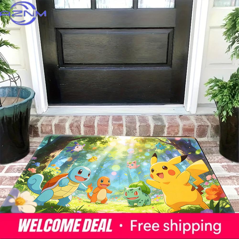 Cute Pokemon Pikachu and Starters Forest Print Non-slip Doormat, Soft Absorbent Floor Rug for Home Decor
