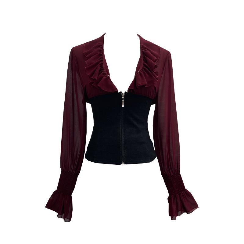 Deep V-neck Ruffle Color Block Lantern Sleeve Waist-cinching Cropped Shirt 9656 One Size фиолетовый