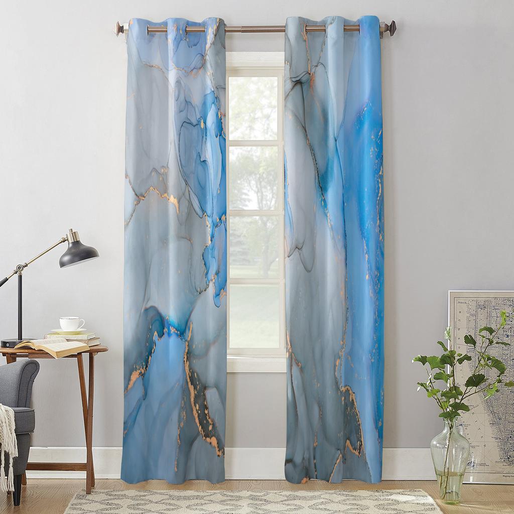 Marble Texture Watercolor Blue Gray Window Curtains for Living Room Home Bedroom Kitchen Decora Christmas Curtain