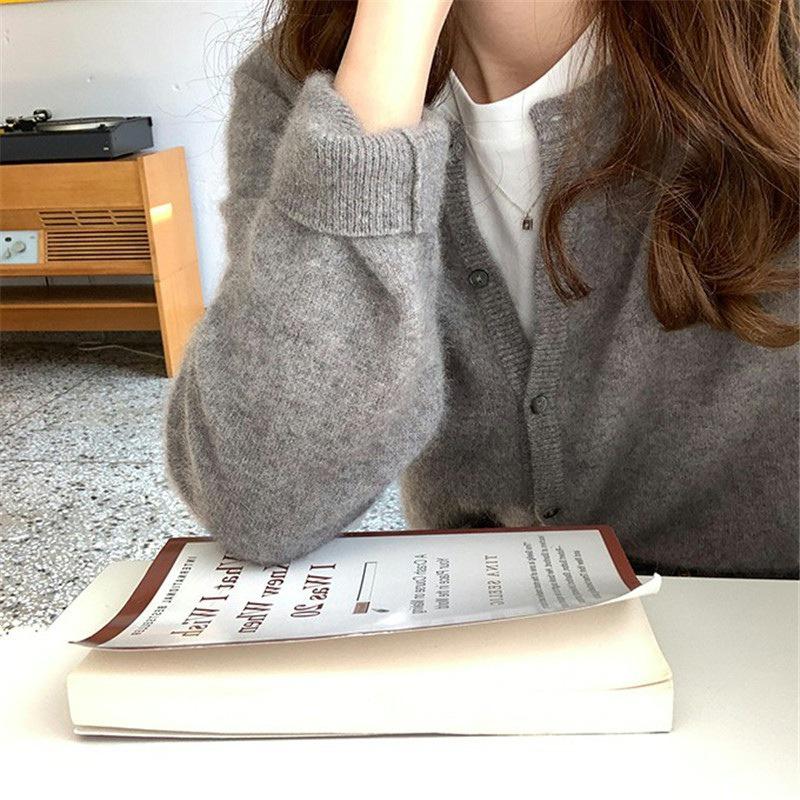 2026 Spring/Autumn Women's Korean Style 100% Pure Wool Cardigan - Round Neck, Thin Cashmere Knit Sweater Coat