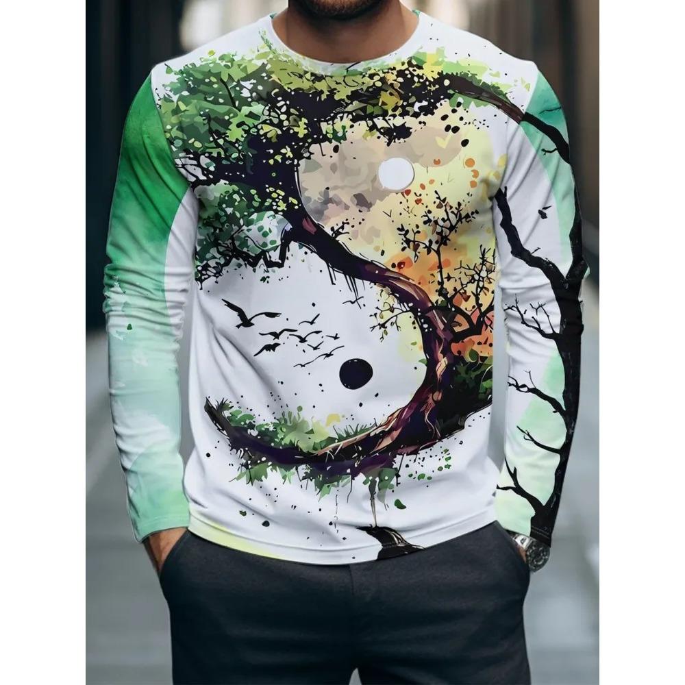 Spring Autumn Fashion Comfortable Loose Soft Casual Versatile Round Neck Long Sleeve T-shirt Creative Fun Animal Geometry 3D Printed Men's T-shirt