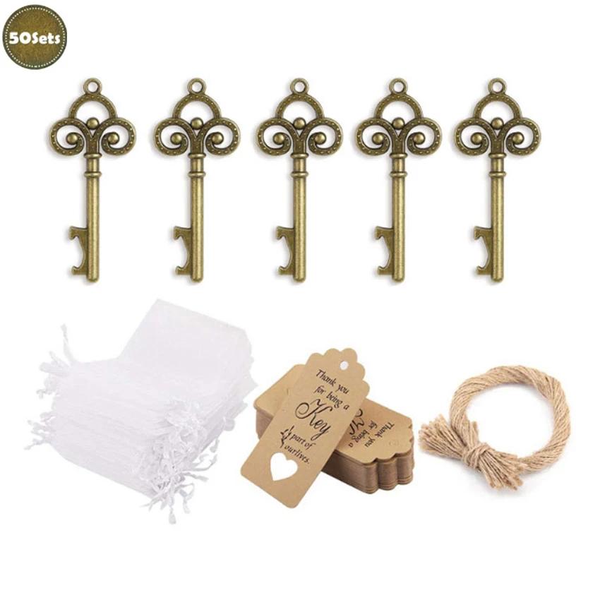 

50 шт./набор Открывалка для ключей и бутылок с биркой, шпагатом и мешочком из пряжи, подходит для свадебного подарка, вечеринки в честь рождения ребенка, Рождества, домашнего декора, подарков античный бронзовый
