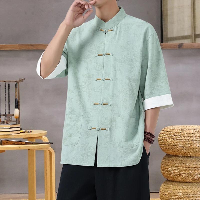 Men's Lightweight Mandarin Collar Printed Shirt Summer Chinese Style Oriental Design Casual Cultural Wear