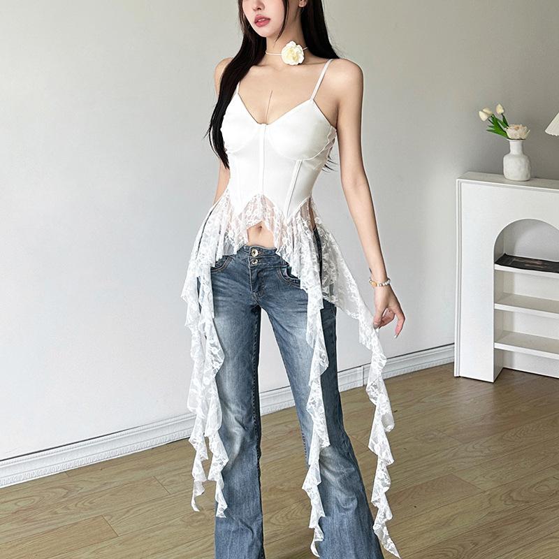 Summer Women Y2k Crop Tops Ladies Sleeveless Asymmetrical Ruffles Tank Top Lace Hem Slim Tanks Tops Shirts Streetwear